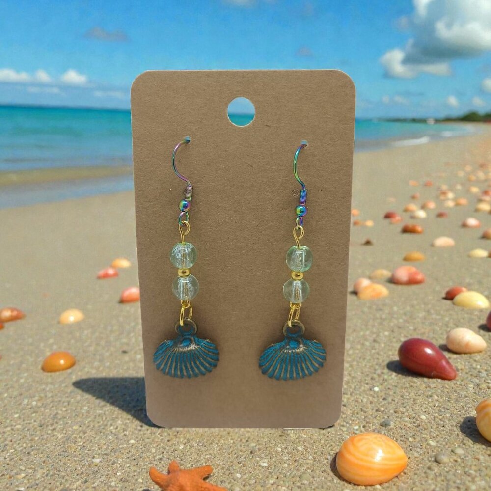 Bronzed Scallop Shell Earrings with Sea Green Glass Beads